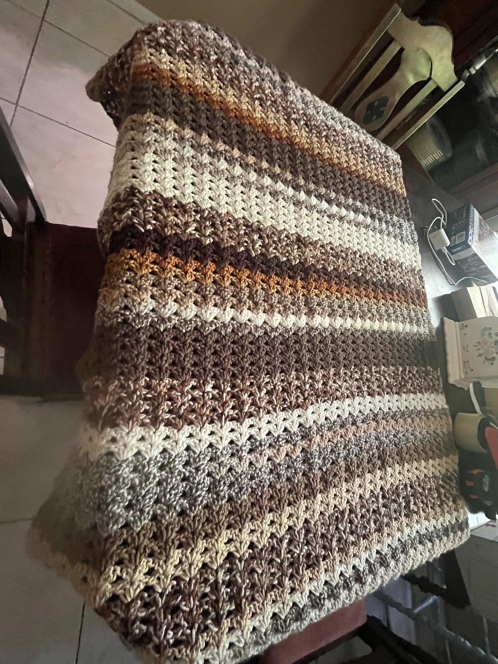 Handmade Crochet Blanket in Brown & Cream 37x56